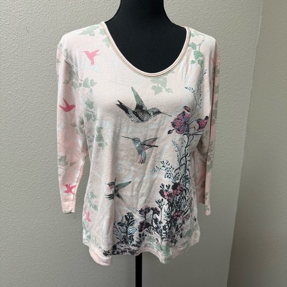 Cactus Bay Hummingbird Floral Tee Pink Rhinestone Birds 3/4 Sleeve Top L - Picture 2 of 9